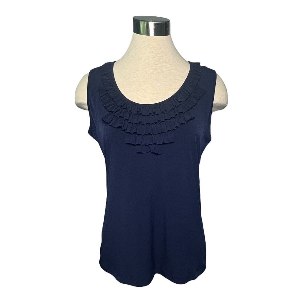 Vintage Suzie Large Navy Sleeveless Ruffle Neck Top